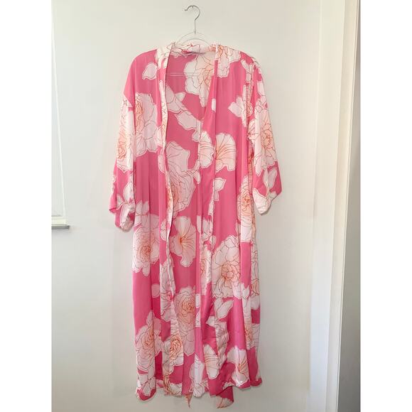 Natori Peony Sunset Floral Pink White Nightgown and Robe Set - Picture 1 of 9